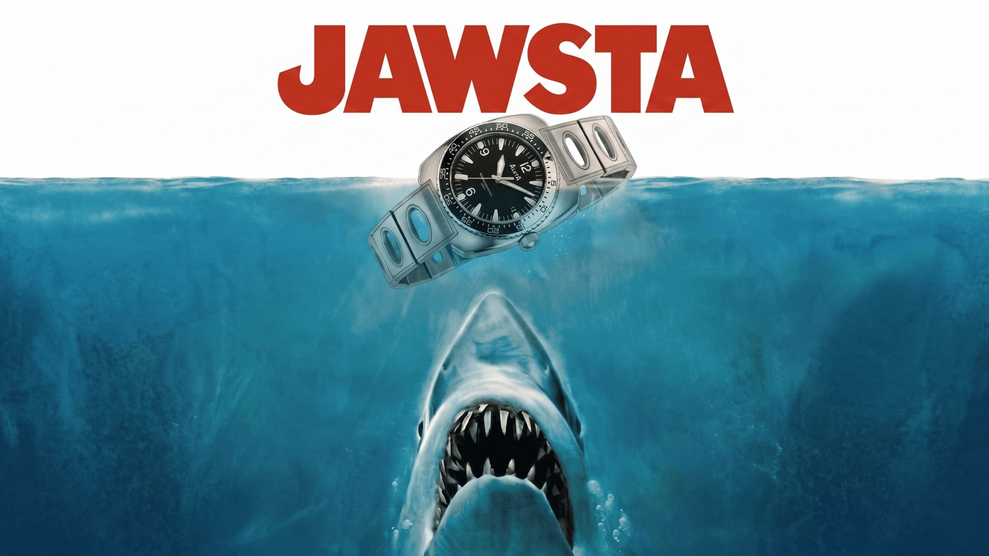 Jaws-style poster featuring an Alsta Jaws watch floating above a shark, with the creative title JAWSTA.