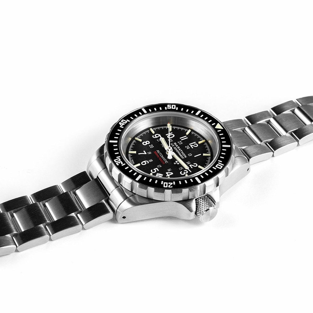 Marathon GSAR Automatic 41mm US Government Dial on stainless steel bracelet, side angled product shot on white background