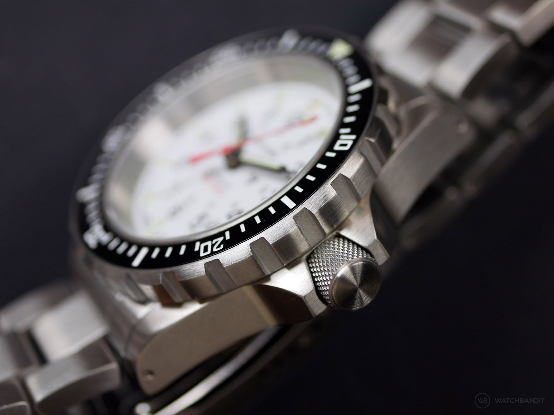 Marathon GSAR Automatic 41mm Arctic close-up of brushed stainless steel case, bezel, and crown on bracelet