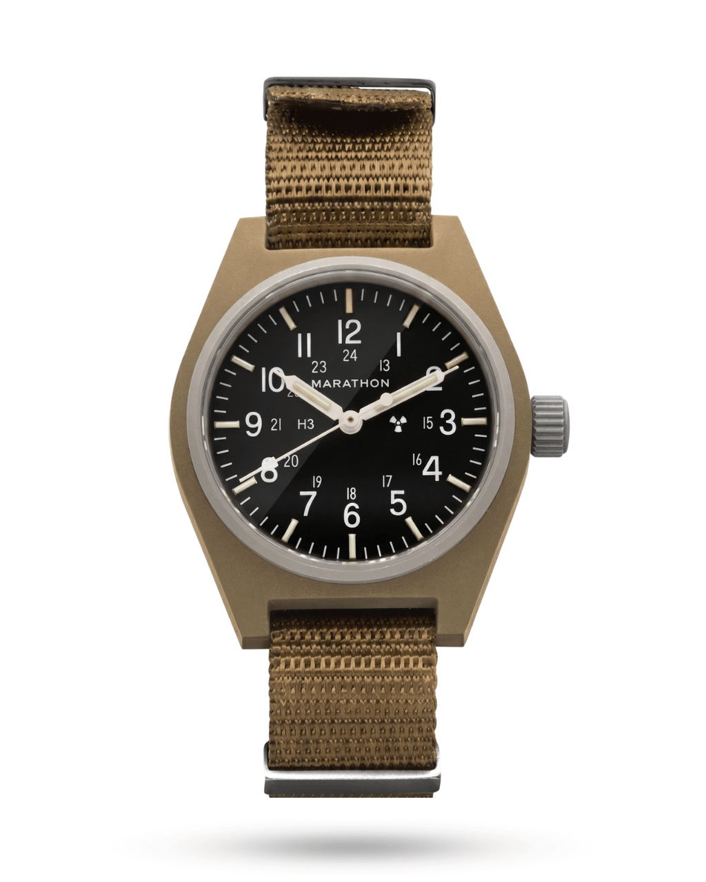 Front view of the Marathon 34mm Desert Tan GPM. Features a high-impact fibershell case and sterile dial. A rugged staple for military watch collections.