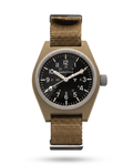 Front view of the Marathon 34mm Desert Tan GPM. Features a high-impact fibershell case and sterile dial. A rugged staple for military watch collections.