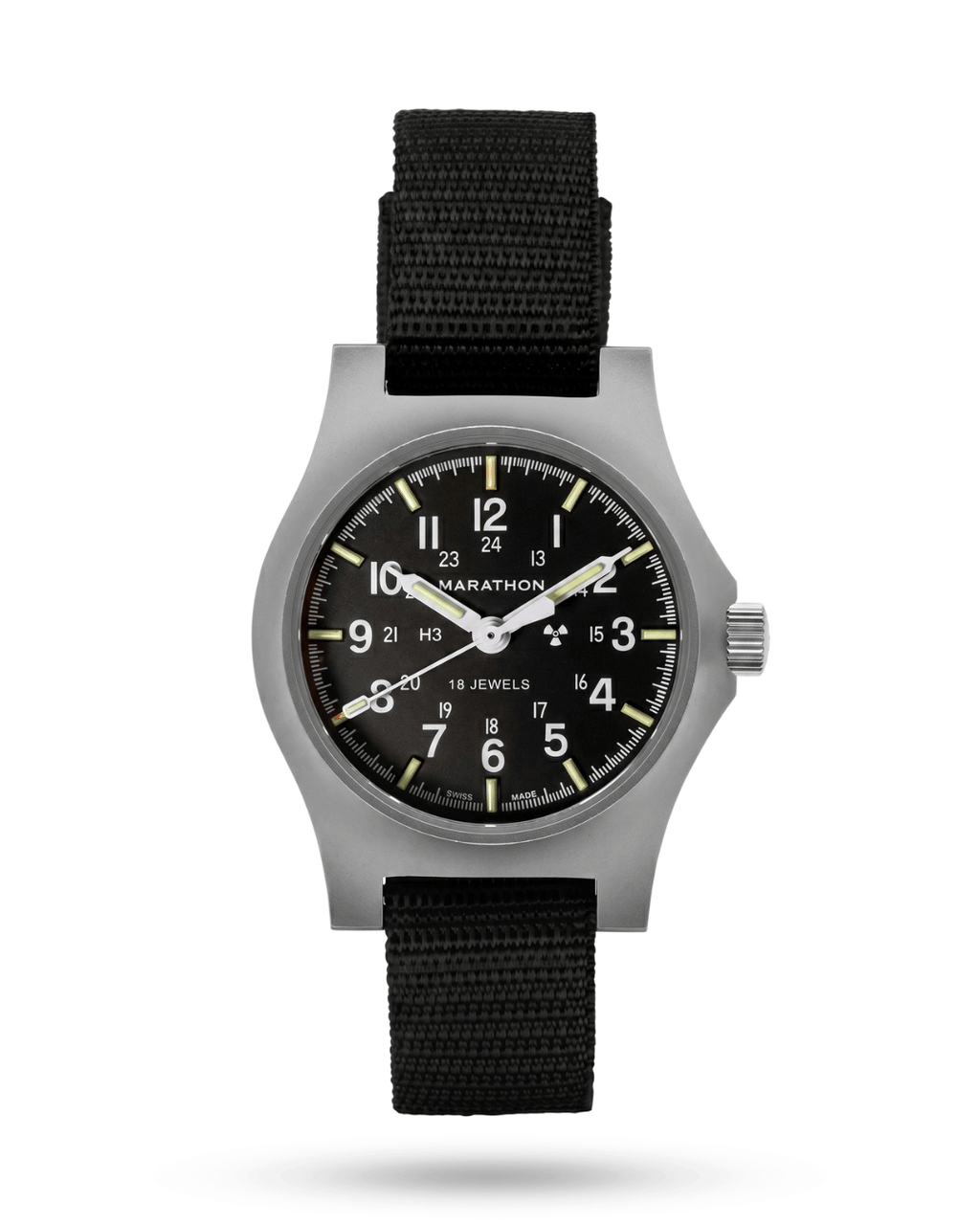 Front view of the Marathon 36mm SSGPM. Features a 316L stainless steel case with Parkerized finish. A durable addition to military watch collections.