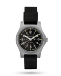 Front view of the Marathon 36mm SSGPM. Features a 316L stainless steel case with Parkerized finish. A durable addition to military watch collections.