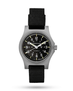 Front view of the Marathon 36mm SSGPM. Features a 316L stainless steel case with Parkerized finish. A durable addition to military watch collections.