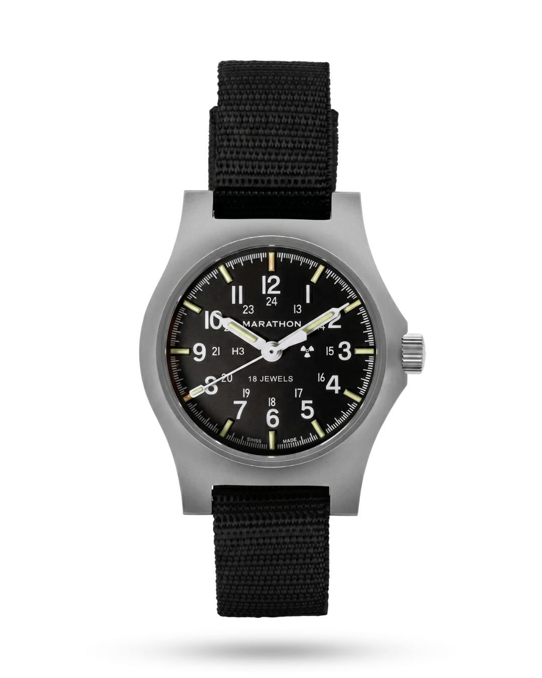 Front view of the Marathon 36mm SSGPM. Features a 316L stainless steel case with Parkerized finish. A durable addition to military watch collections.