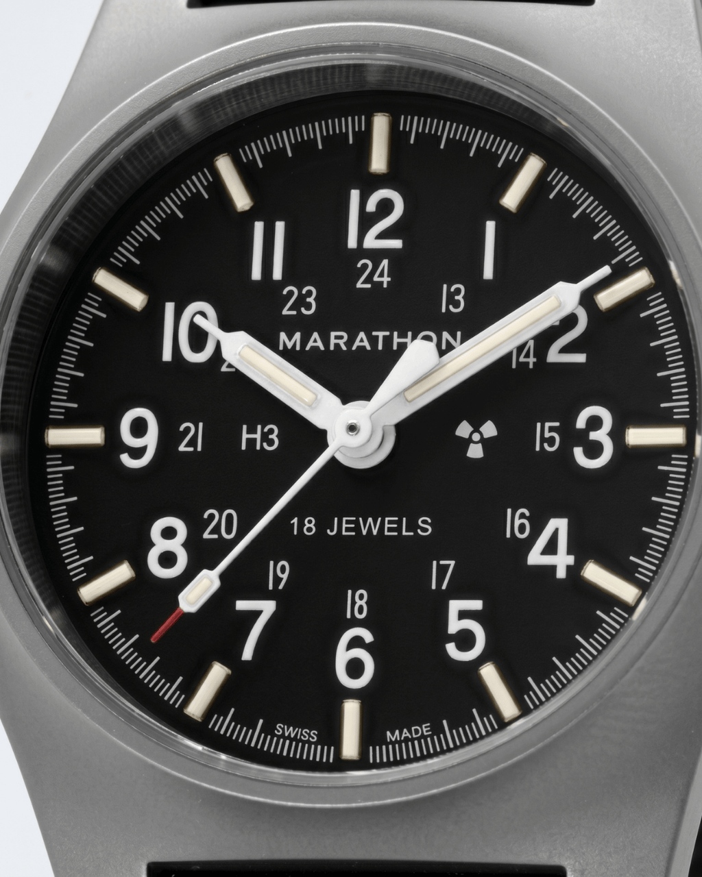 Close-up of the 36mm SSGPM dial showing Tritium gas tubes and MaraGlo™ for visibility. Powered by a Swiss mechanical watch movement.