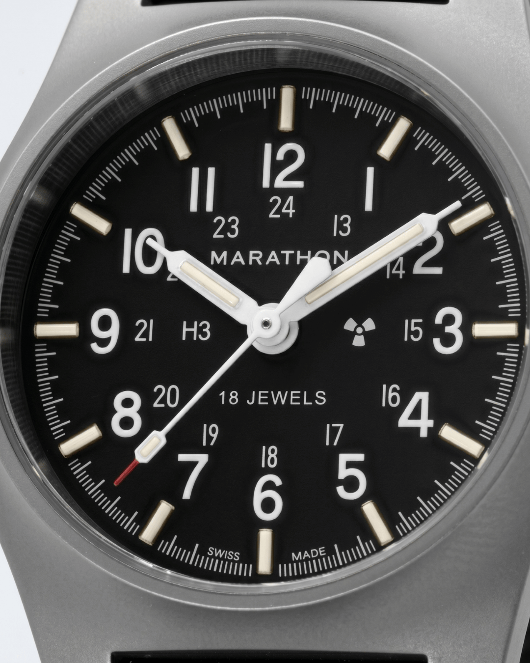 Close-up of the 36mm SSGPM dial showing Tritium gas tubes and MaraGlo™ for visibility. Powered by a Swiss mechanical watch movement.