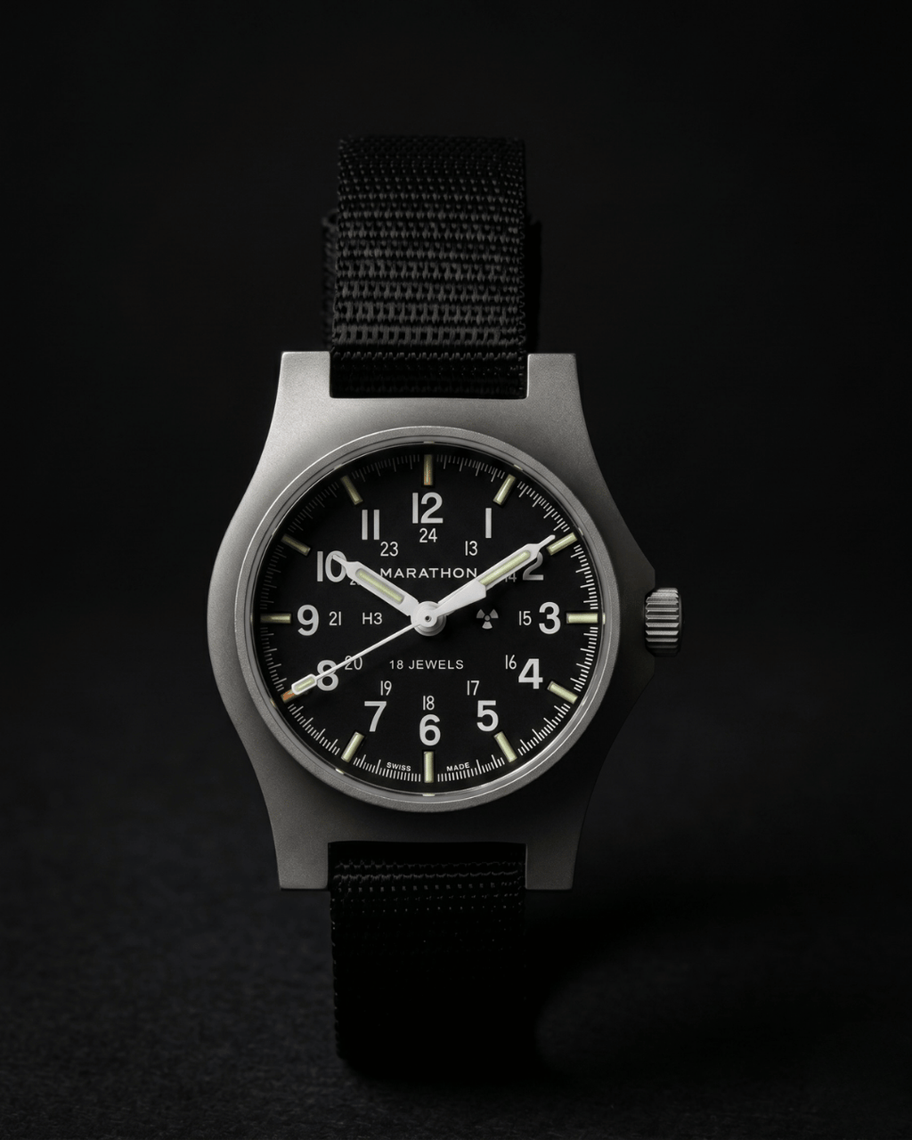 Low-light view of the Marathon 36mm SSGPM. Self-powered Tritium tubes and MaraGlo™ ensuring unmatched visibility in dark environments.