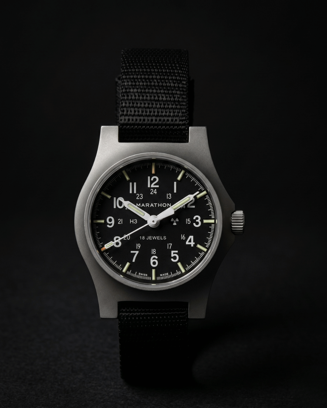 Low-light view of the Marathon 36mm SSGPM. Self-powered Tritium tubes and MaraGlo™ ensuring unmatched visibility in dark environments.