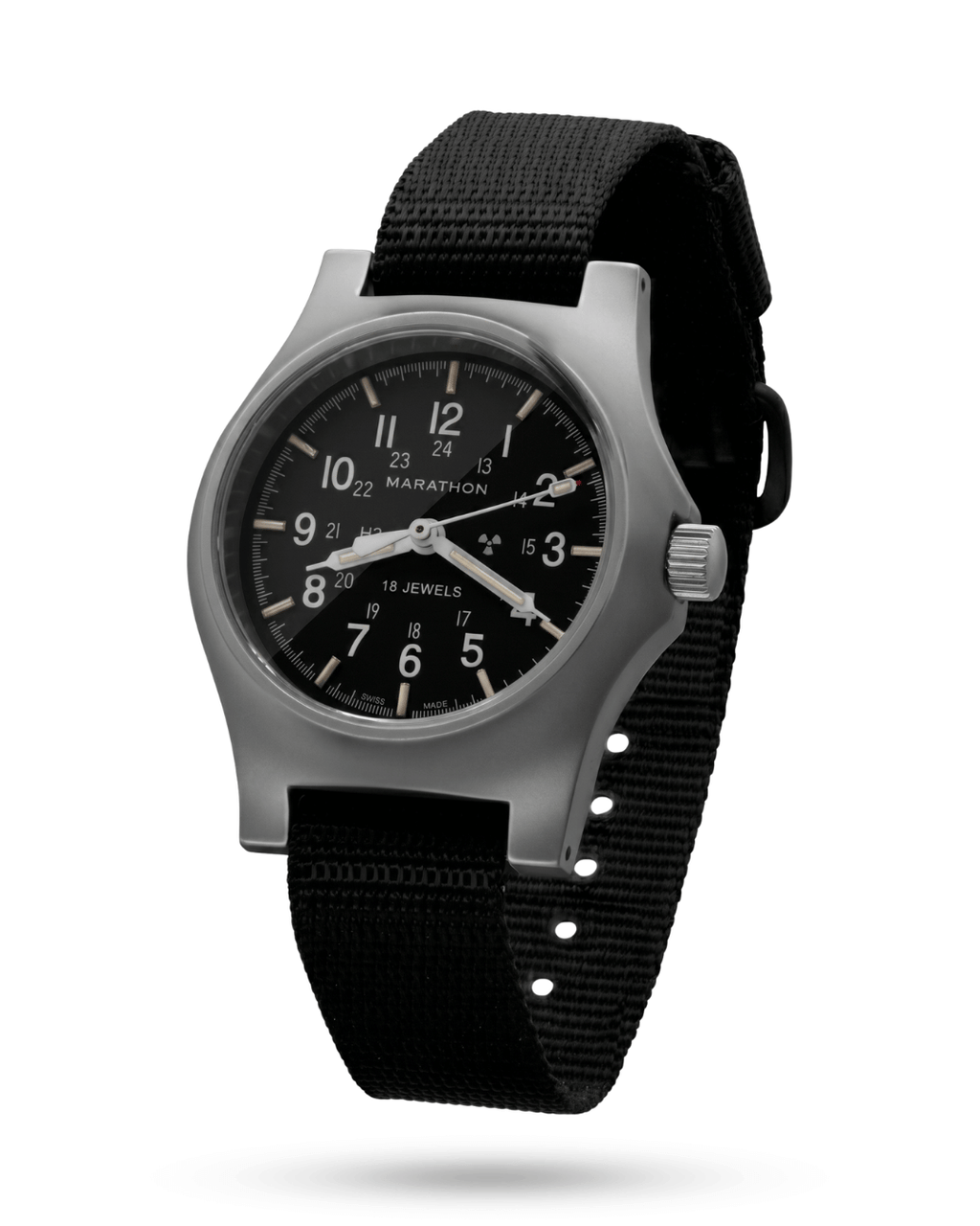 Side profile of the Marathon Officer's Mechanical watch. Slim 11mm thickness with a black ballistic nylon strap. Professional marathon mechanical.