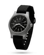 Side profile of the Marathon Officer's Mechanical watch. Slim 11mm thickness with a black ballistic nylon strap. Professional marathon mechanical.