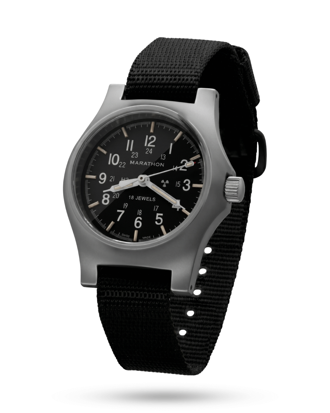 Side profile of the Marathon Officer's Mechanical watch. Slim 11mm thickness with a black ballistic nylon strap. Professional marathon mechanical.