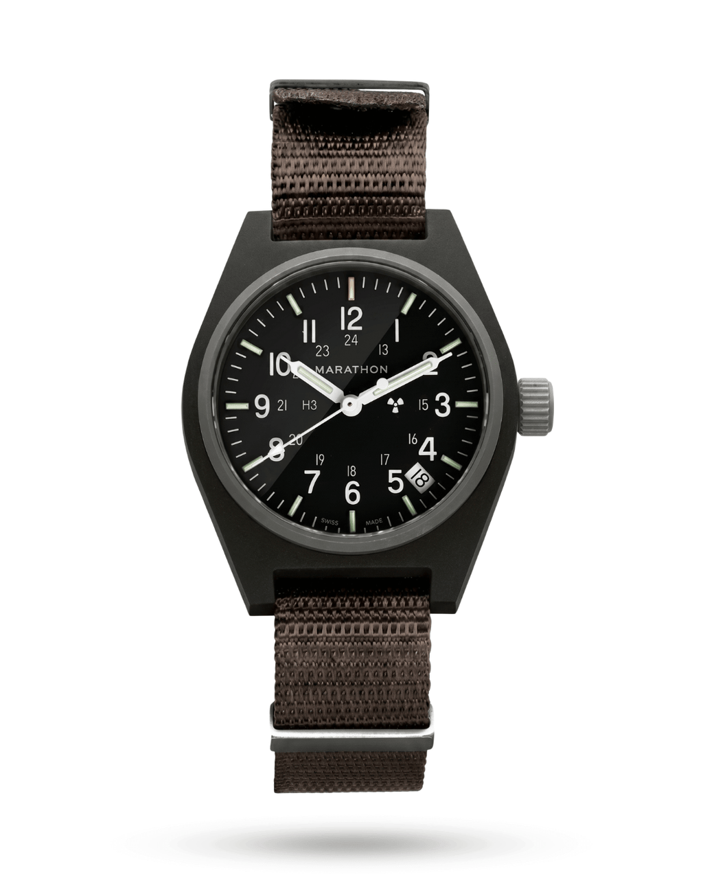 Front view of the Marathon 34mm Sage Green GPQ. Features a high-impact fibershell case and sterile dial. A rugged addition to military watch collections.