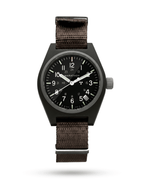 Front view of the Marathon 34mm Sage Green GPQ. Features a high-impact fibershell case and sterile dial. A rugged addition to military watch collections.