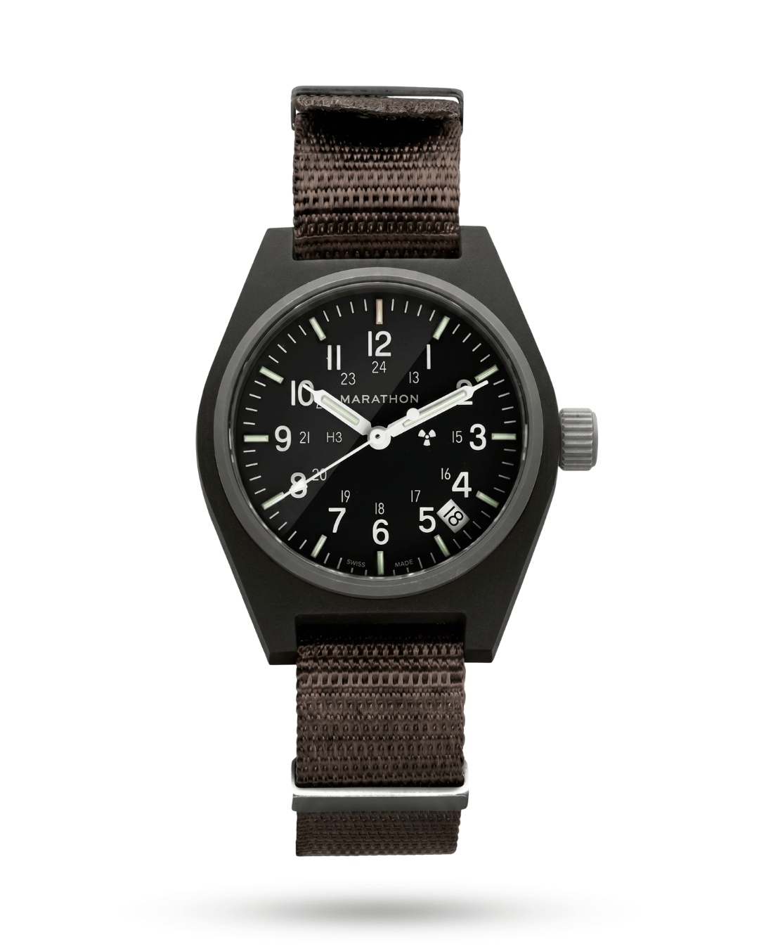 Front view of the Marathon 34mm Sage Green GPQ. Features a high-impact fibershell case and sterile dial. A rugged addition to military watch collections.
