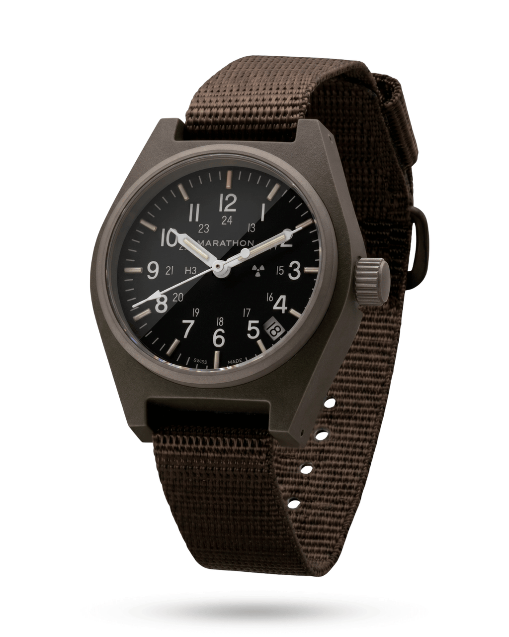 Side profile of the 34mm Sage Green GPQ military watch. Slim, lightweight fibershell design with a nylon DEFSTAN strap. Field Quartz, Type II.