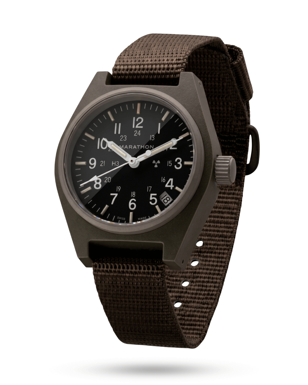 Side profile of the 34mm Sage Green GPQ military watch. Slim, lightweight fibershell design with a nylon DEFSTAN strap. Field Quartz, Type II.