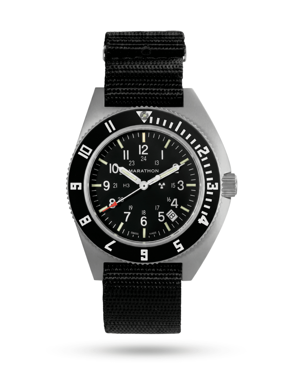 Front view of the Marathon 41mm SSNAV-D AUTO. The first Steel Navigator with an automatic movement. A definitive centerpiece for watch collections.