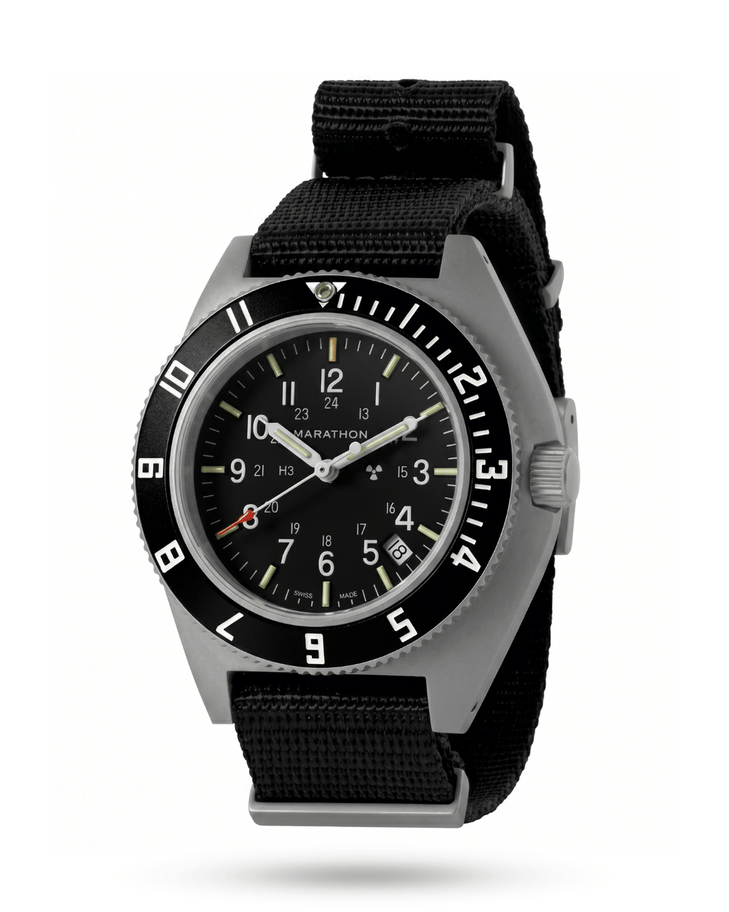 Angled view of the Marathon Steel Navigator. Features a 316L stainless steel case, screw-down crown, and bi-directional 12HR GMT bezel.