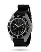 Angled view of the Marathon Steel Navigator. Features a 316L stainless steel case, screw-down crown, and bi-directional 12HR GMT bezel.