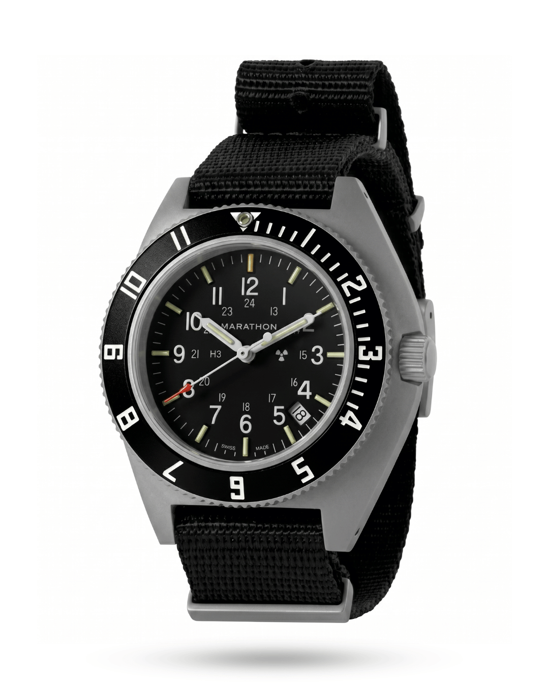 Angled view of the Marathon Steel Navigator. Features a 316L stainless steel case, screw-down crown, and bi-directional 12HR GMT bezel.