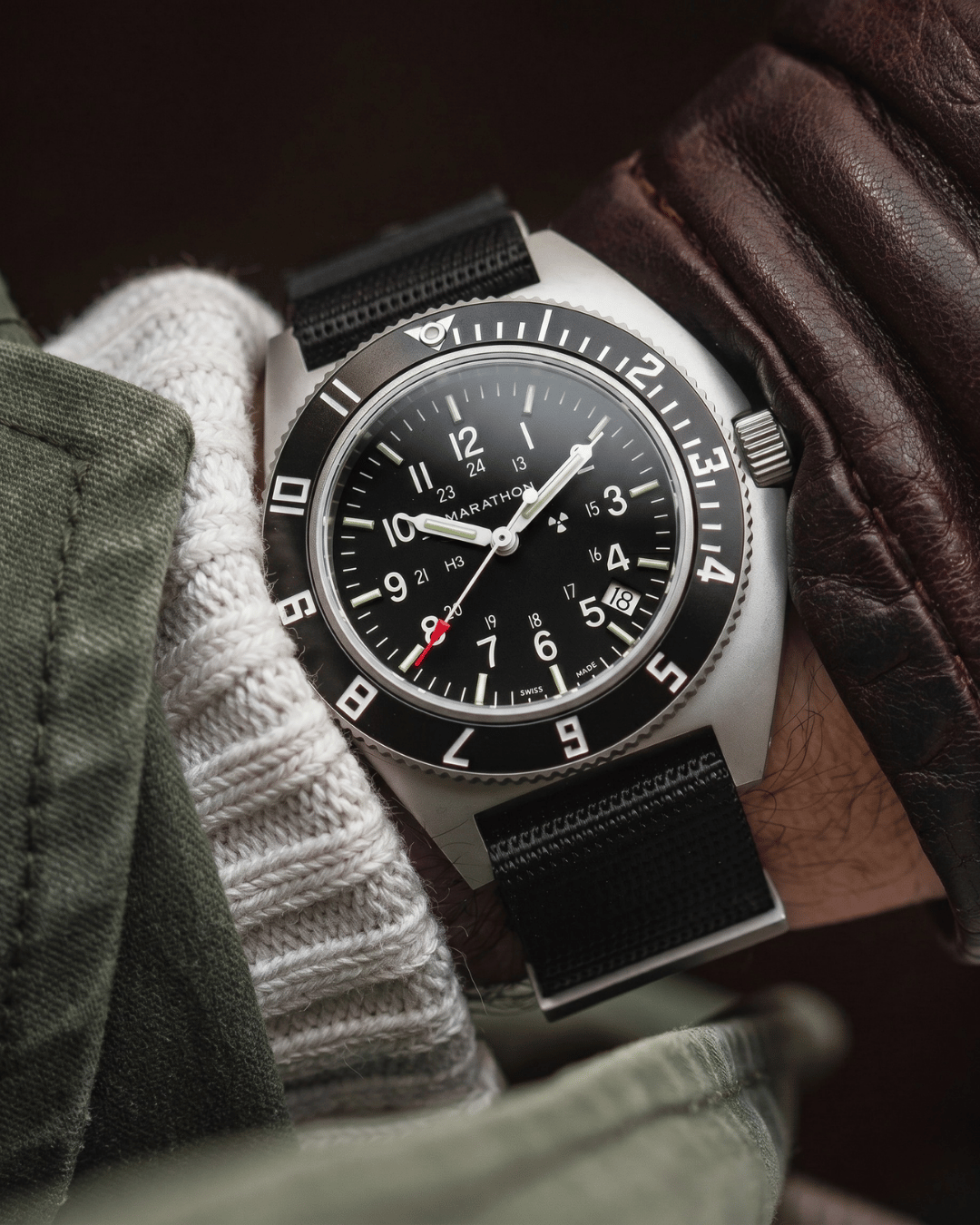 On-wrist view of the Marathon SSNAV-D. For enthusiasts searching for elite watches for men nearby, this is the ultimate military automatic watch.