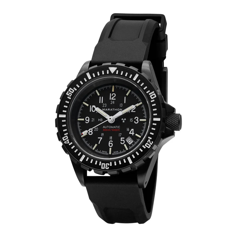 Marathon GSAR Automatic 41mm Anthracite Black watch front view with black dial, black bezel, and black rubber strap