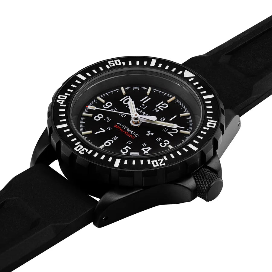 Marathon GSAR Automatic 41mm Anthracite Black angled view showing black case, bezel, and dial on rubber strap