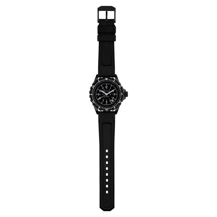 Marathon GSAR Automatic 41mm Anthracite Black full watch view with black rubber strap laid out flat