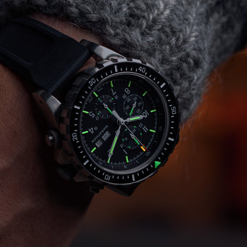 Marathon CSAR 46mm Automatic Chronograph – wrist shot with glowing tritium markers and sterile dial.
