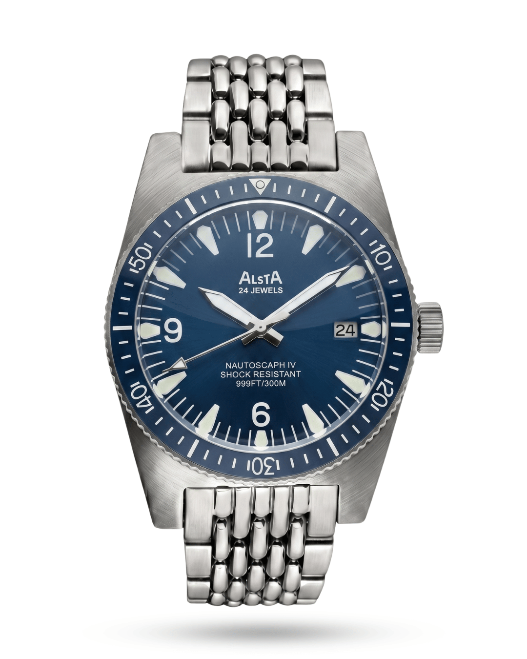 Alsta Nautoscaph IV blue dial dive watch with steel beads of rice bracelet. Premium watches for men nearby