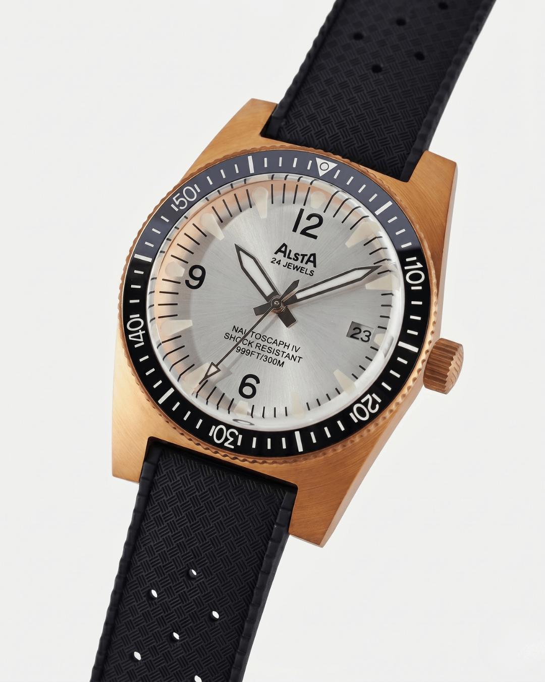 Side profile view of Alsta Nautoscaph IV bronze watch showing the screw-down crown detail.