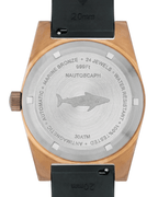 Angled case back of Alsta Nautoscaph IV bronze automatic watch with white dial and rubber strap.