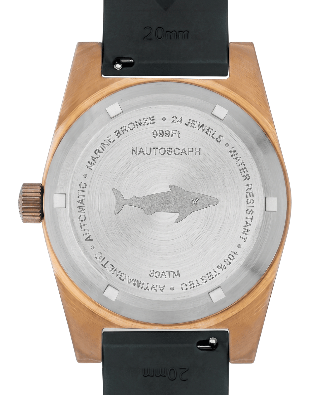 Angled case back of Alsta Nautoscaph IV bronze automatic watch with white dial and rubber strap.