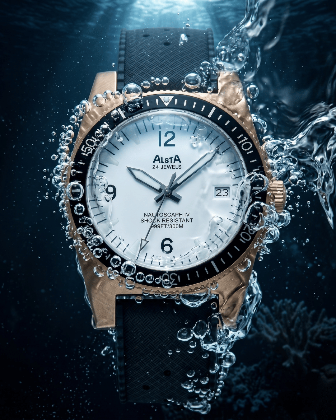 Close-up macro of Alsta Nautoscaph IV bronze watch white dial with black sword hands detail.