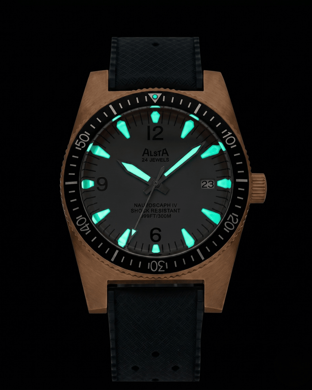 Alsta nautoscaph steel dive watch dial glowing in the dark. Premium watches collections.