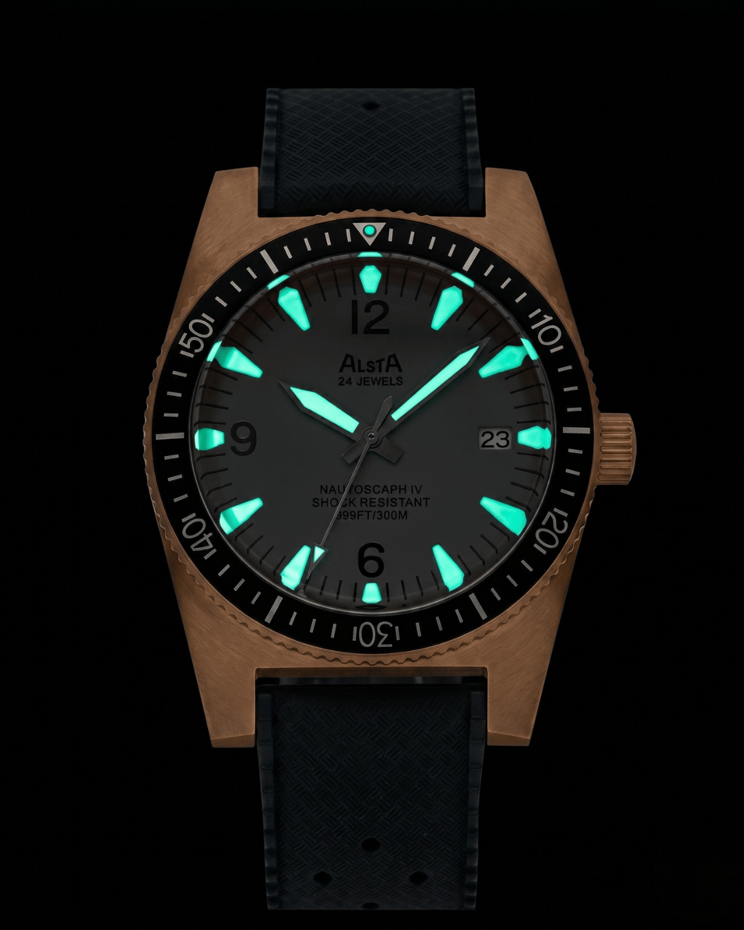 Alsta nautoscaph steel dive watch dial glowing in the dark. Premium watches collections.