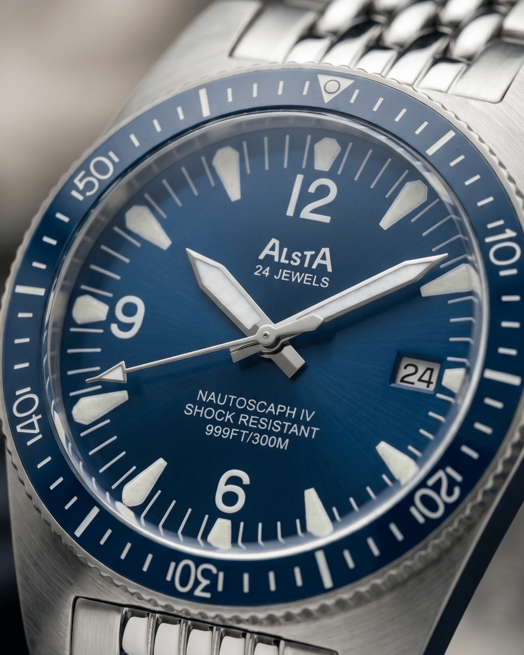 Close-up of the blue sunburst dial from the Alsta Nautoscaph IV, a highlight in luxury watches collections.