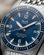 Close-up of the blue sunburst dial from the Alsta Nautoscaph IV, a highlight in luxury watches collections.
