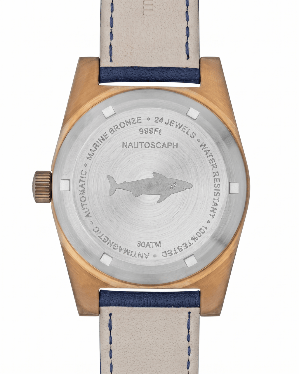 Stainless steel caseback of Alsta watches featuring the iconic engraved shark logo design.