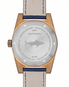 Stainless steel caseback of Alsta watches featuring the iconic engraved shark logo design.