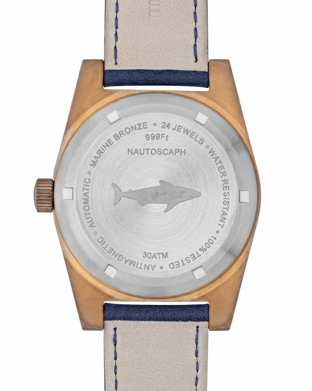Stainless steel caseback of Alsta watches featuring the iconic engraved shark logo design.