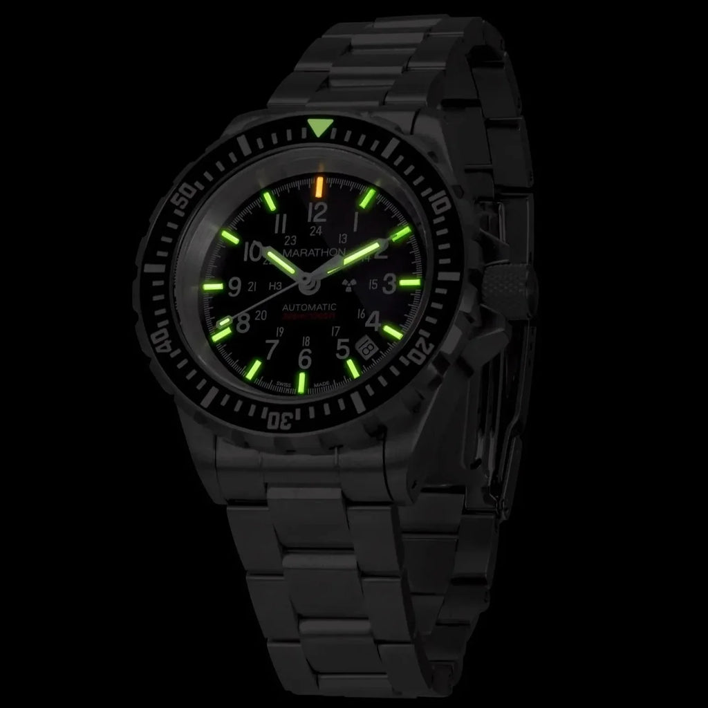 Marathon GSAR Automatic 41mm US Government Dial with full black stainless steel bracelet and green tritium lume glowing in the dark