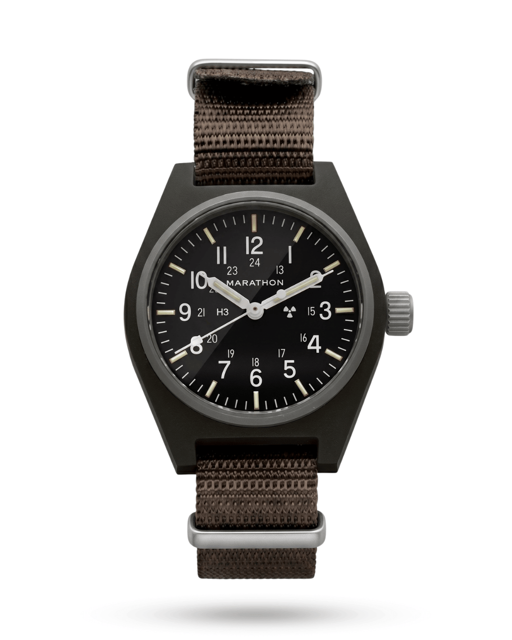 Marathon Watches 34mm Sage Green GPM with fibershell case. Self-winding mechanical movement and sterile dial. A staple for military watch collections.