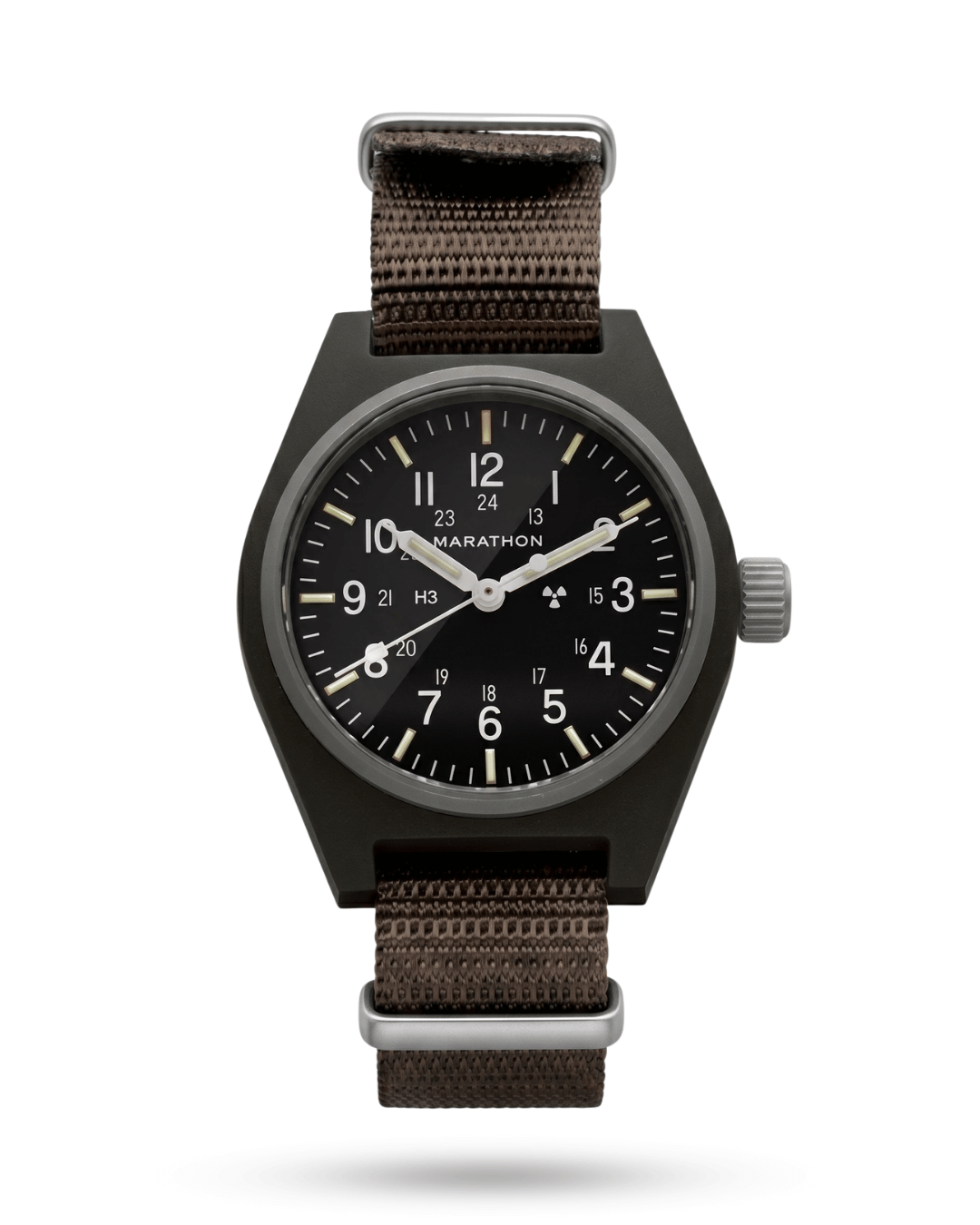 Marathon Watches 34mm Sage Green GPM with fibershell case. Self-winding mechanical movement and sterile dial. A staple for military watch collections.