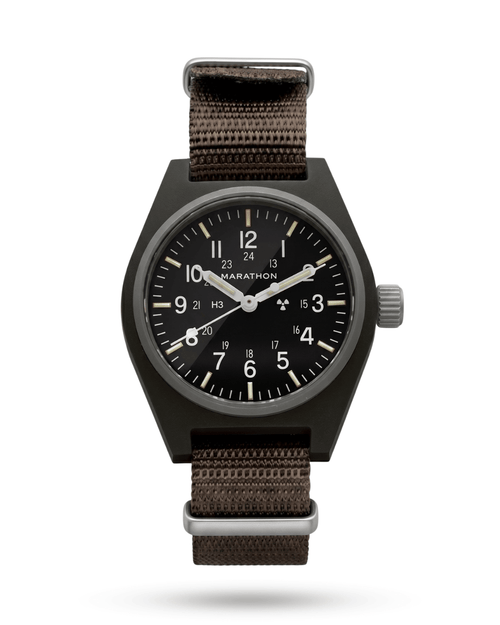 Marathon Watches 34mm Sage Green GPM with fibershell case. Self-winding mechanical movement and sterile dial. A staple for military watch collections.