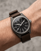 On-wrist view of the Marathon 34mm GPM. Searching for watches for men nearby? This sterile military watch offers a clean, understated, mission-ready look.