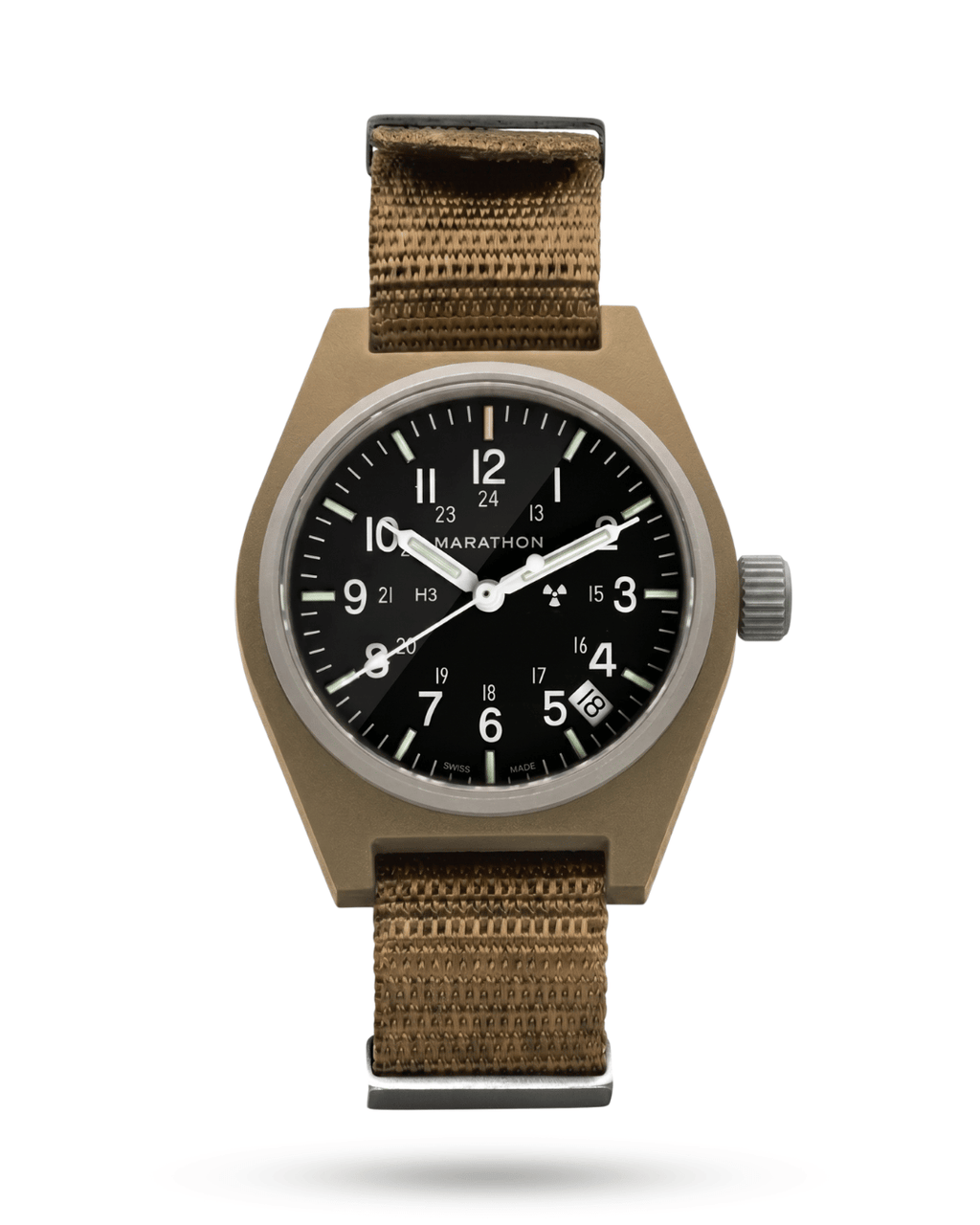 Marathon Desert Tan GPQ-D military watch. 34mm fibershell case for elite watch collections.