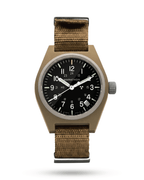 Marathon Desert Tan GPQ-D military watch. 34mm fibershell case for elite watch collections.