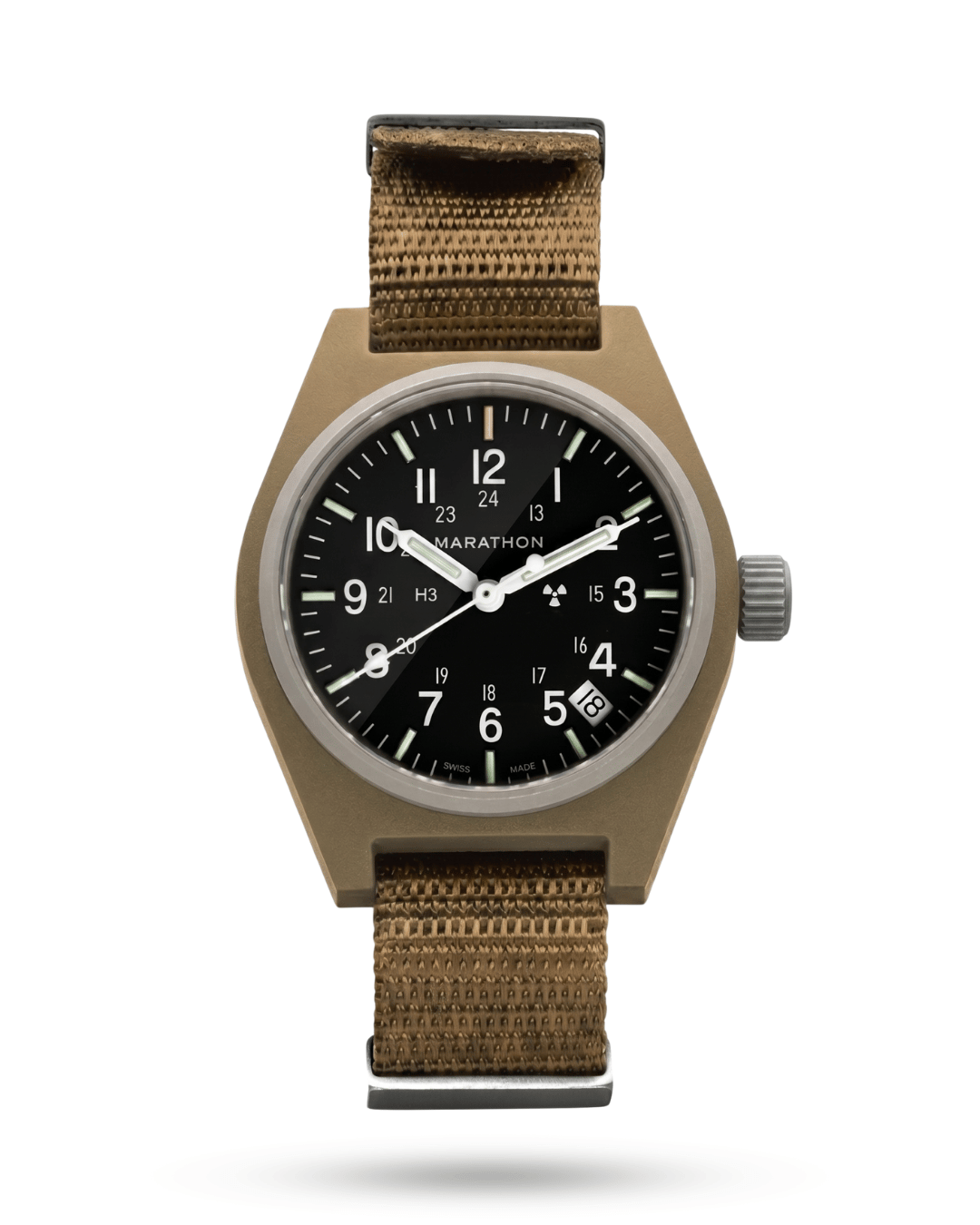 Marathon Desert Tan GPQ-D military watch. 34mm fibershell case for elite watch collections.